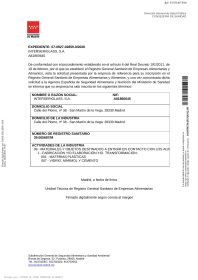 Registro sanitario de Interseriglass 2026, página 1: claves 001 materias plásticas y 007 vidrio
